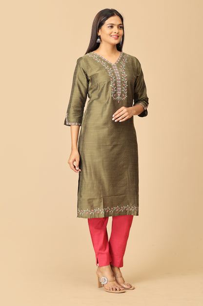 Army Green Slub Silk V Neck Embroidery Kurti
