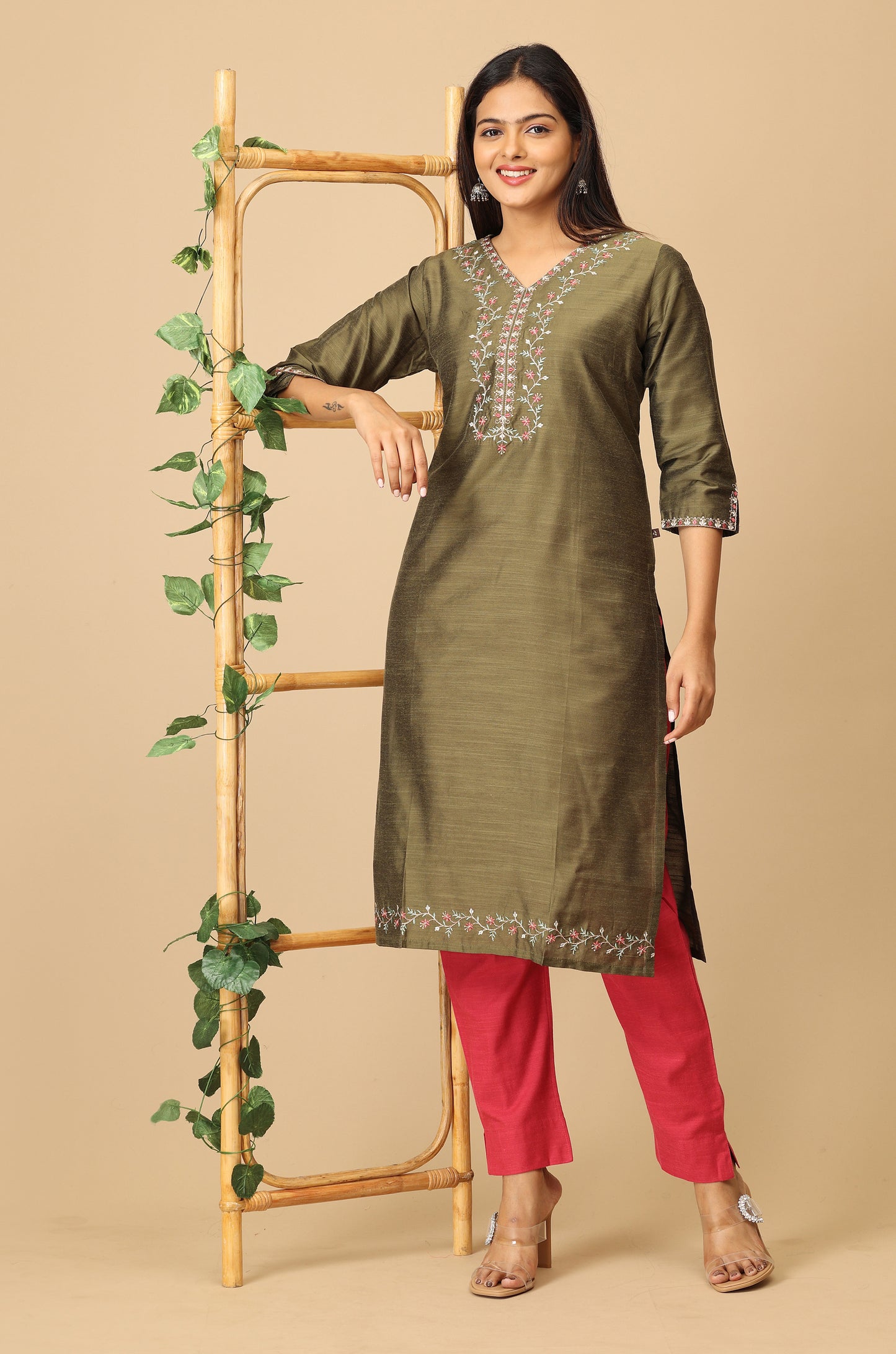Army Green Slub Silk V Neck Embroidery Kurti