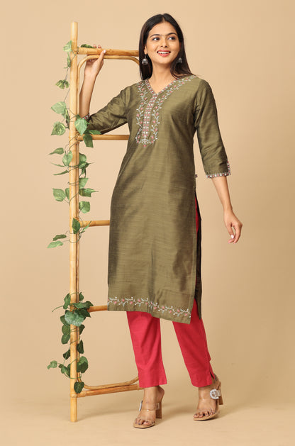 Army Green Slub Silk V Neck Embroidery Kurti