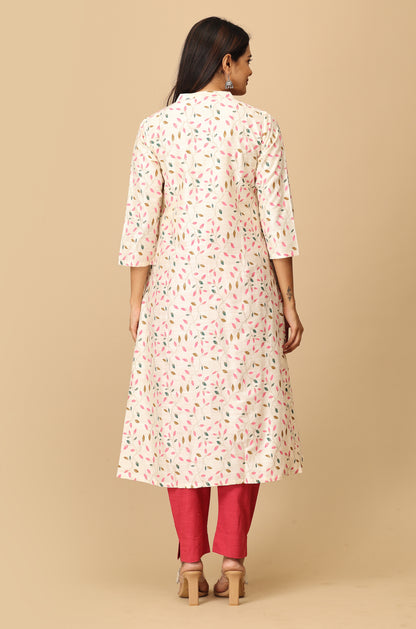 Ivory Slub Silk Printed Kurti