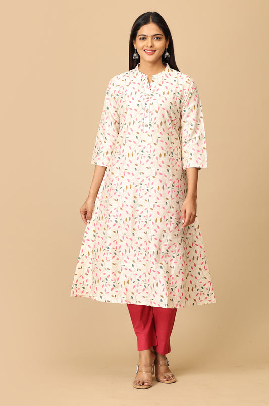 Ivory Slub Silk Printed Kurti