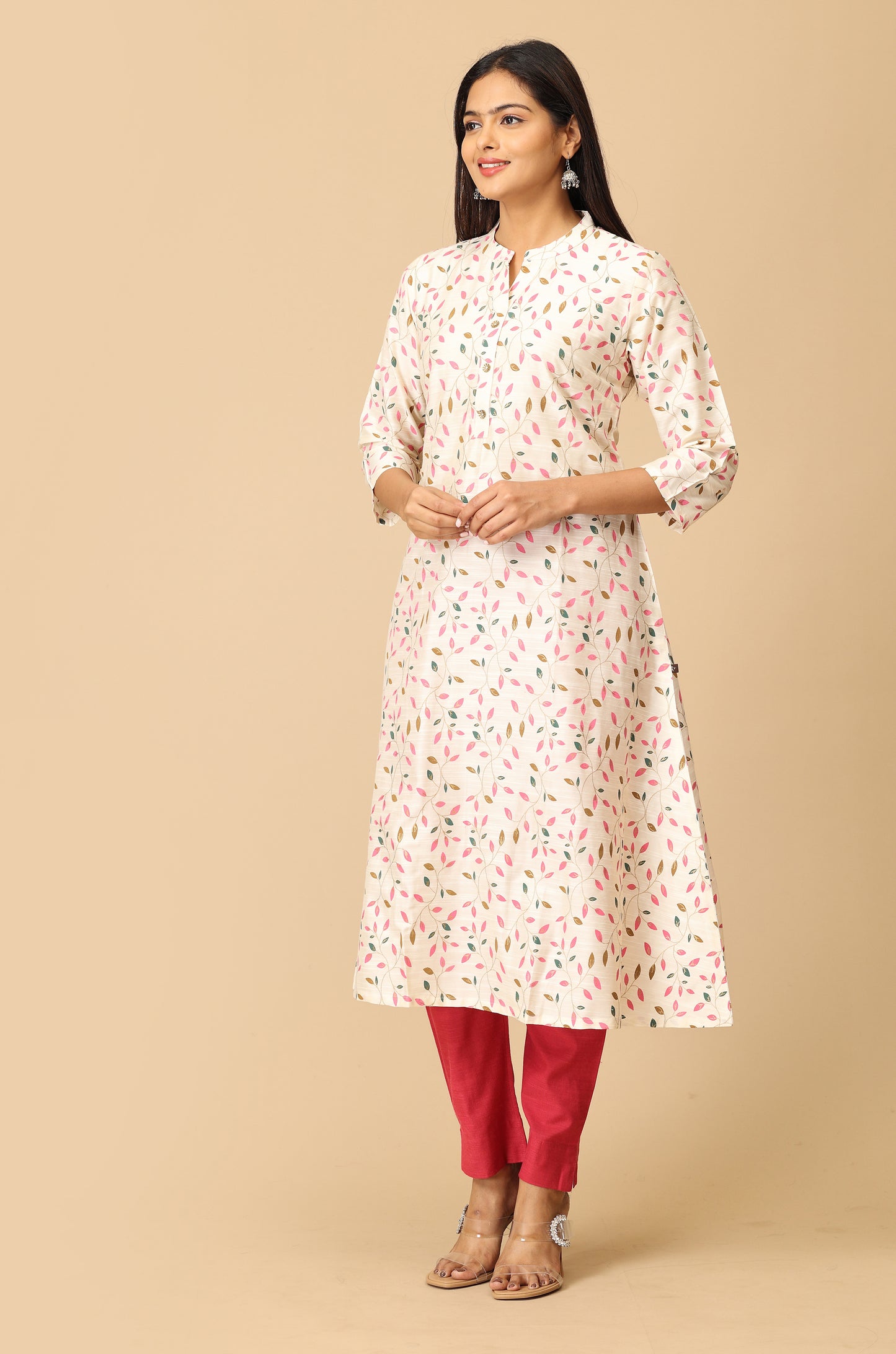 Ivory Slub Silk Printed Kurti