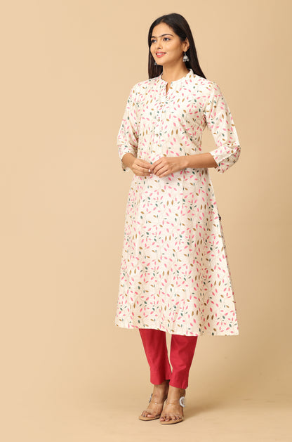 Ivory Slub Silk Printed Kurti