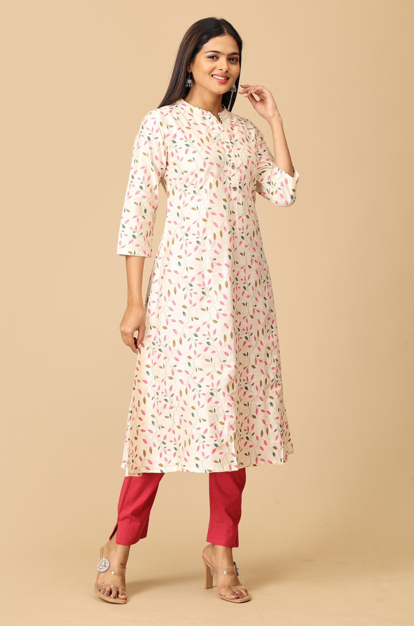 Ivory Slub Silk Printed Kurti