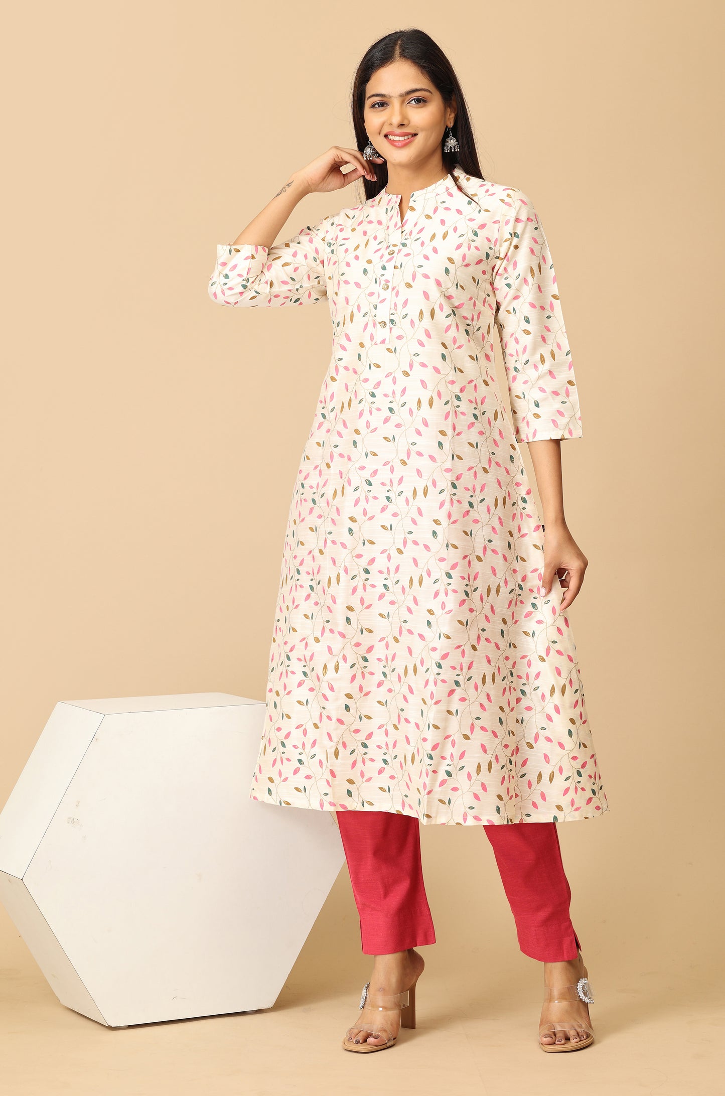 Ivory Slub Silk Printed Kurti