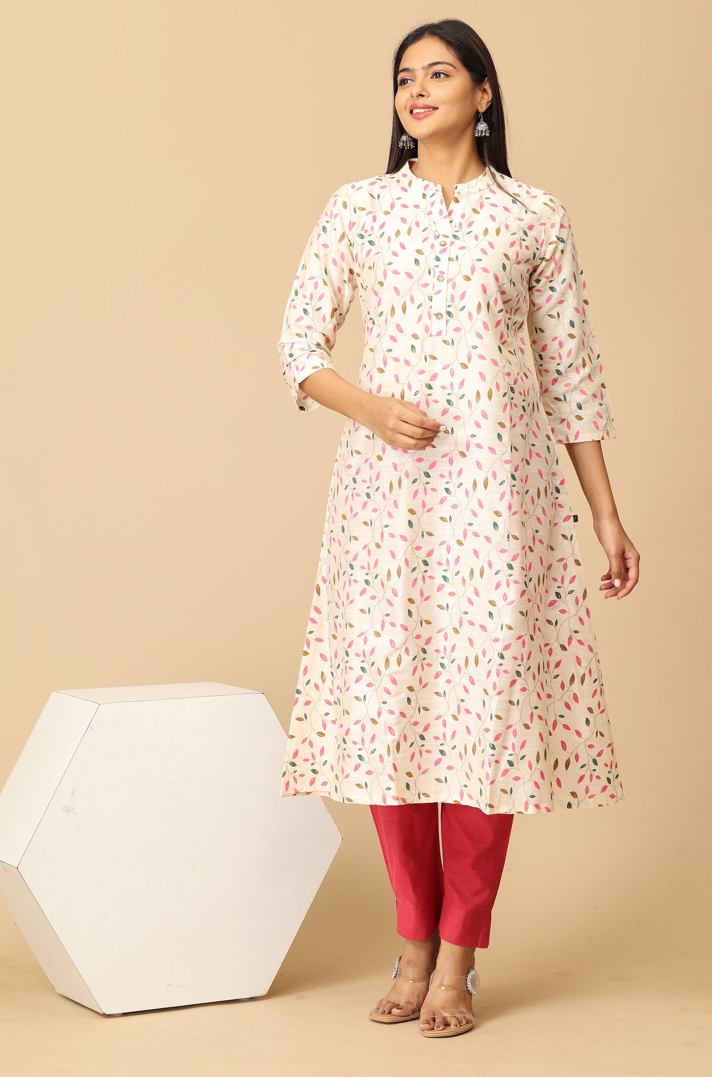 Ivory Slub Silk Printed Kurti