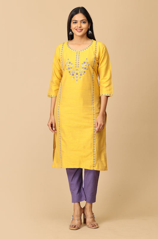Yellow Slub Silk Embroidery Kurti