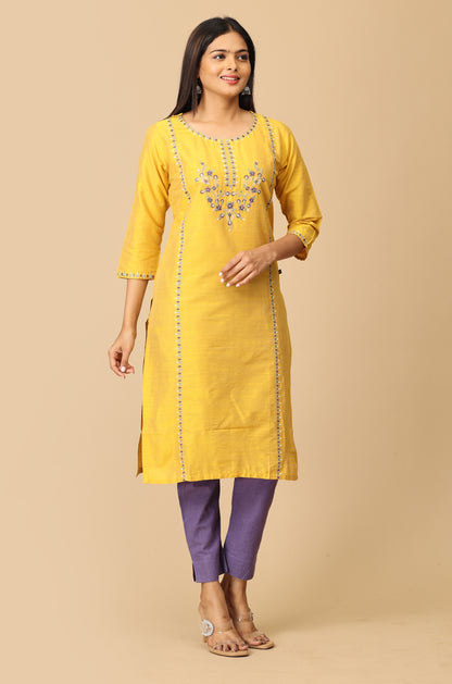 Yellow Slub Silk Embroidery Kurti