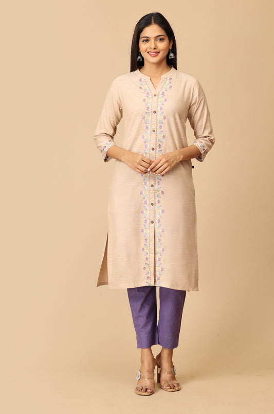 Beige Collar with Placket Embroidery Kurti