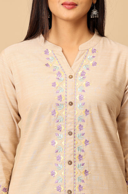 Beige Collar with Placket Embroidery Kurti