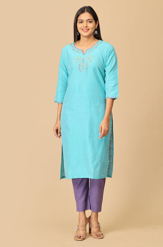 Teal Slub Silk Embroidery