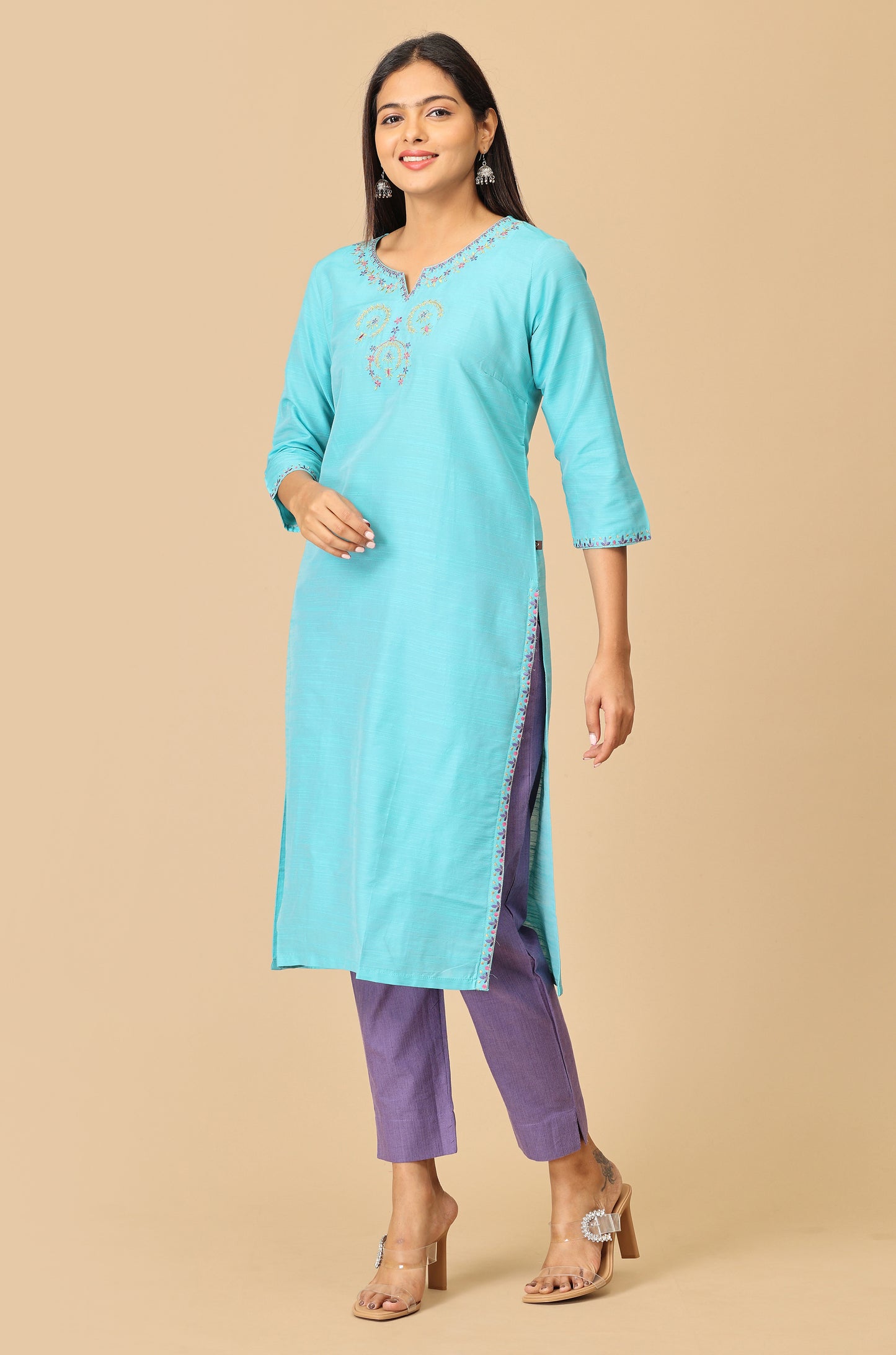 Teal Slub Silk Embroidery