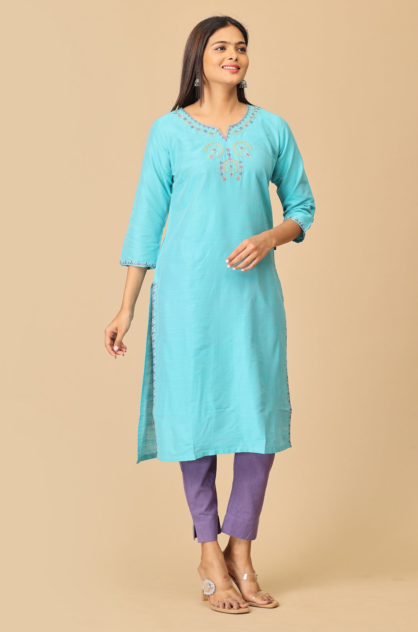 Teal Slub Silk Embroidery
