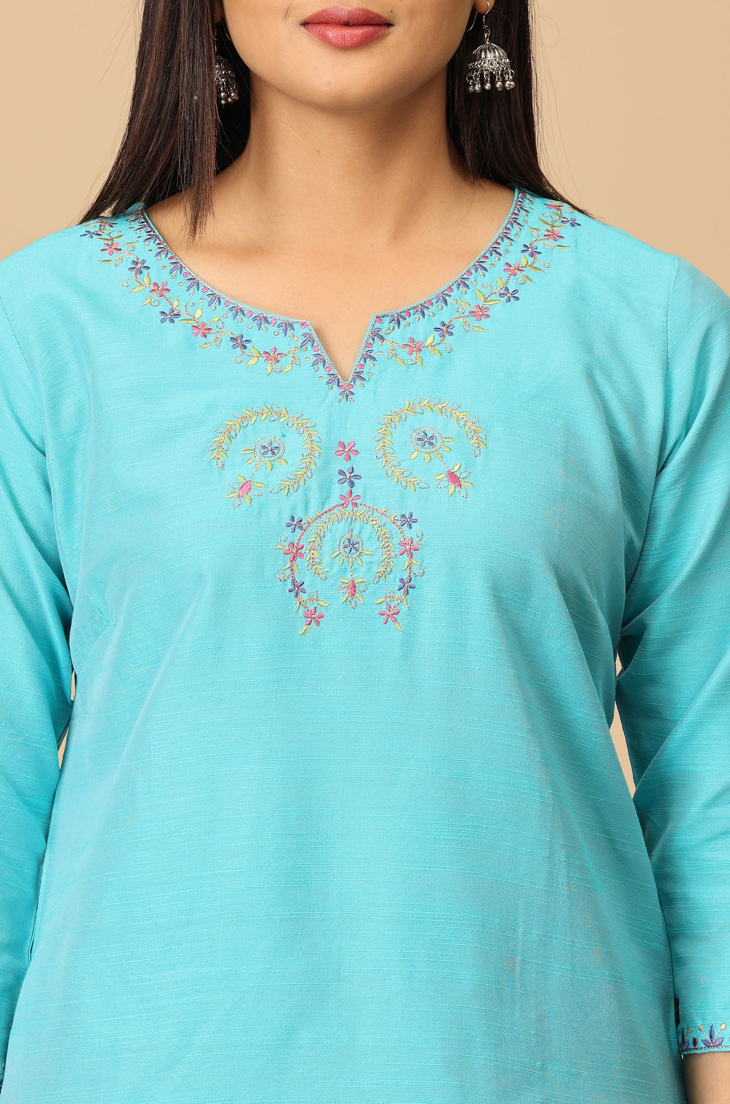 Teal Slub Silk Embroidery