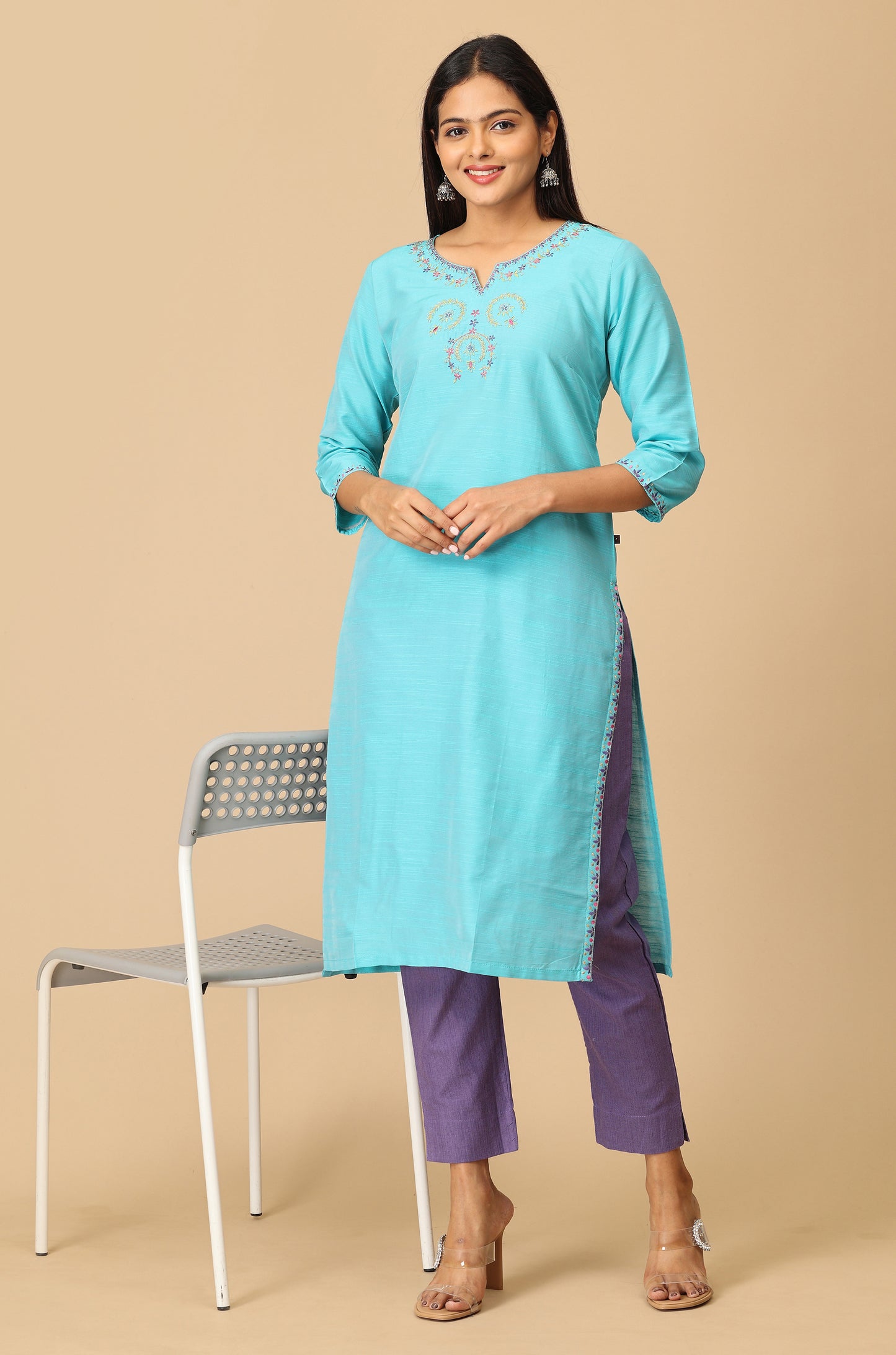 Teal Slub Silk Embroidery