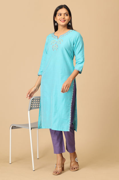 Teal Slub Silk Embroidery
