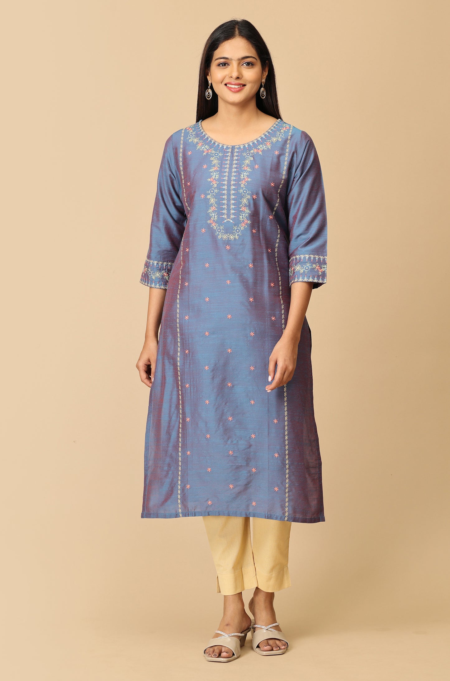 Blue Slub Silk Straight Embroidery Kurti