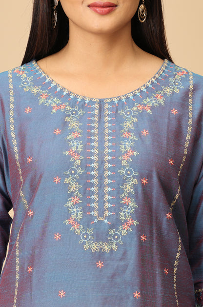 Blue Slub Silk Straight Embroidery Kurti