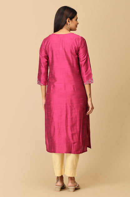 Magenta Slub Silk Straight Embroidery Kurti