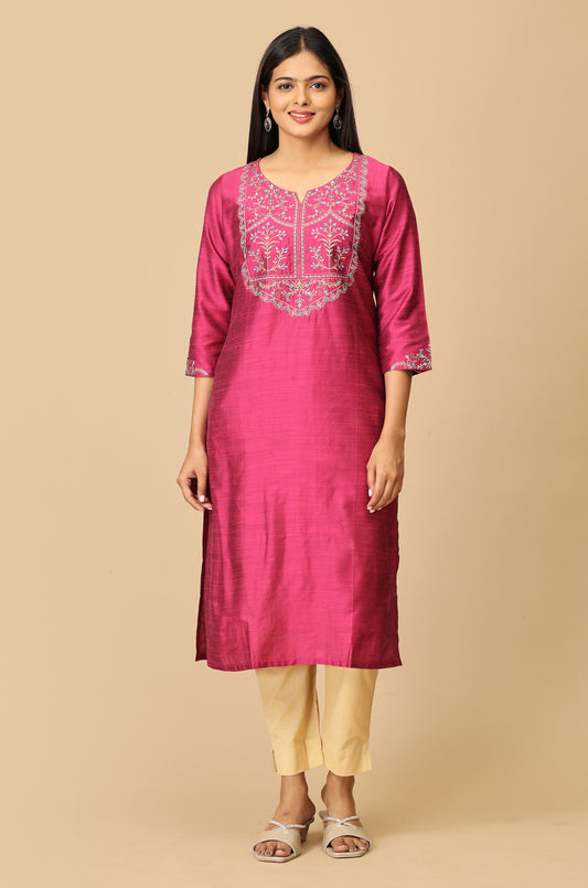 Magenta Slub Silk Straight Embroidery Kurti