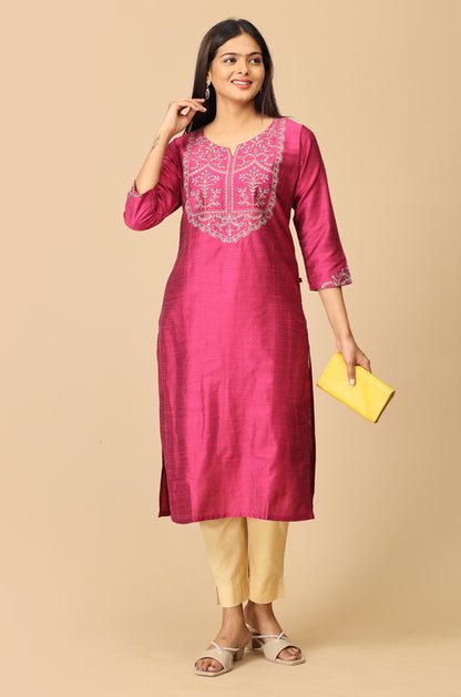 Magenta Slub Silk Straight Embroidery Kurti