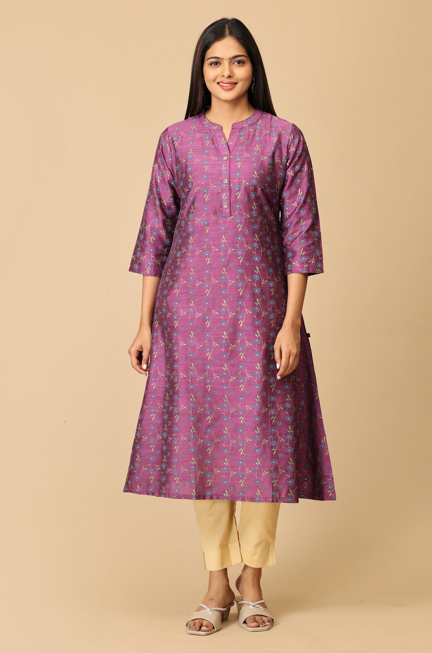 Dark Mauve Printed A Line Kurti