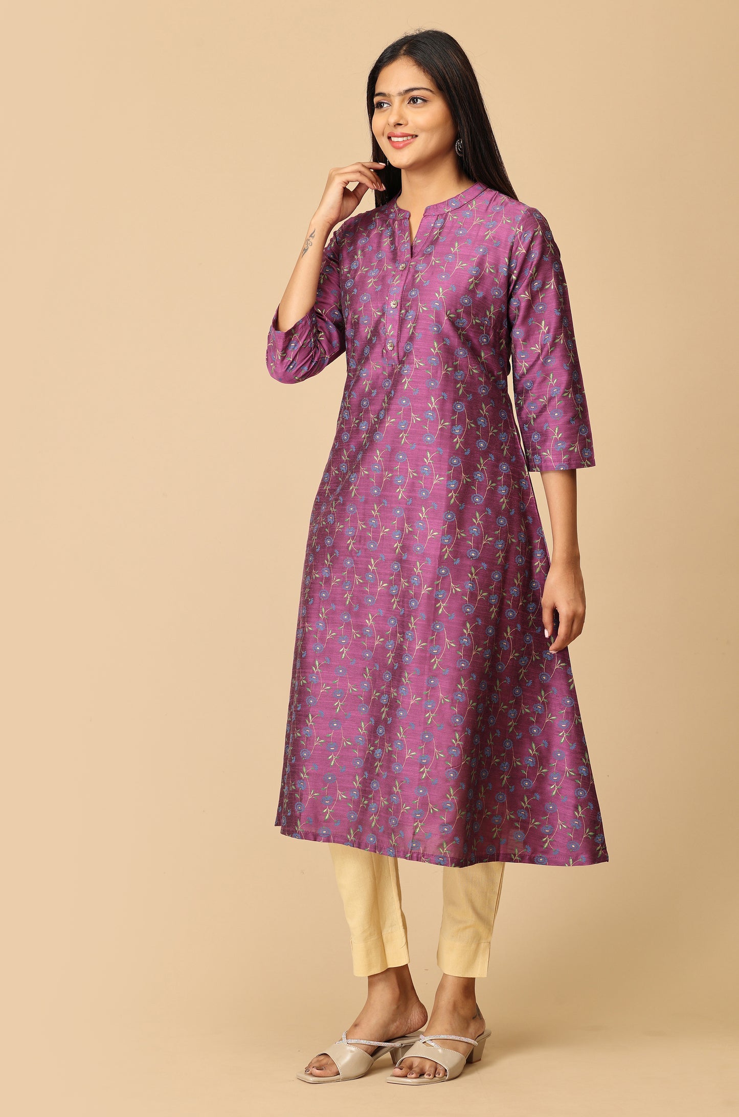 Dark Mauve Printed A Line Kurti