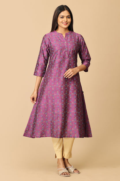 Dark Mauve Printed A Line Kurti