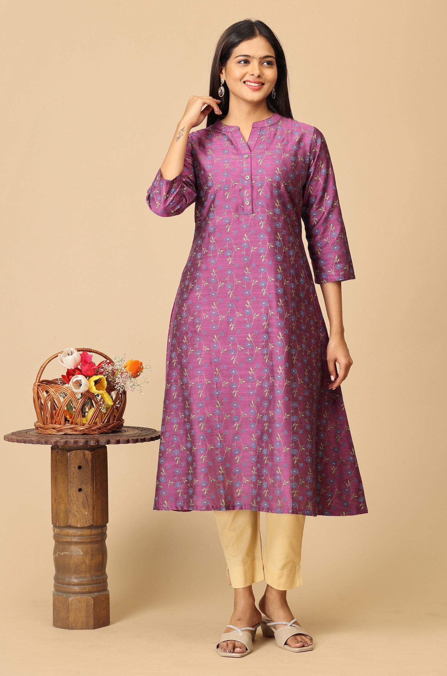 Dark Mauve Printed A Line Kurti