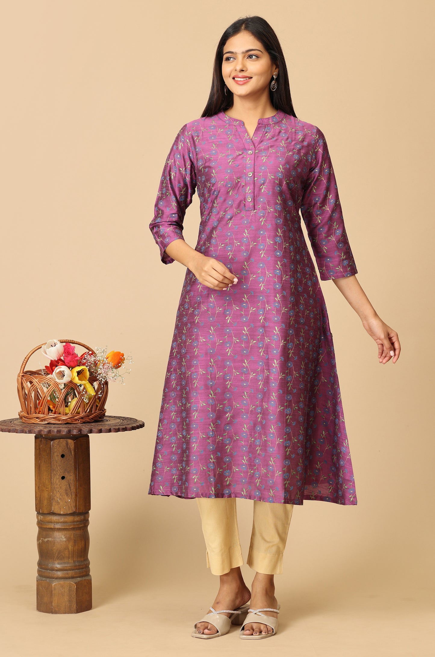 Dark Mauve Printed A Line Kurti