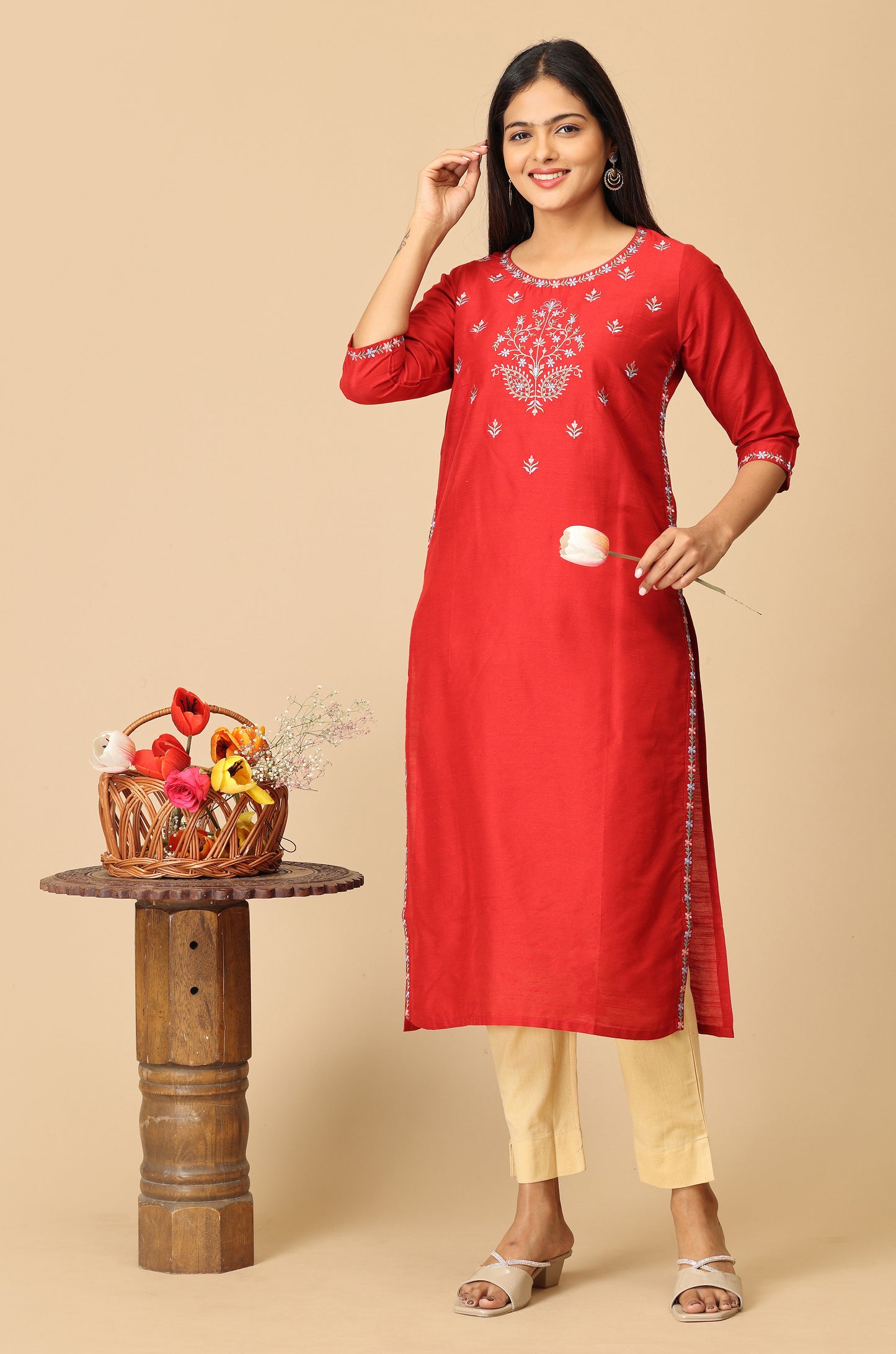 Maroon Slub Silk Embroidery Kurti