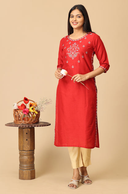 Maroon Slub Silk Embroidery Kurti