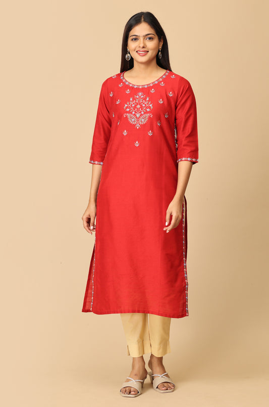Maroon Slub Silk Embroidery Kurti