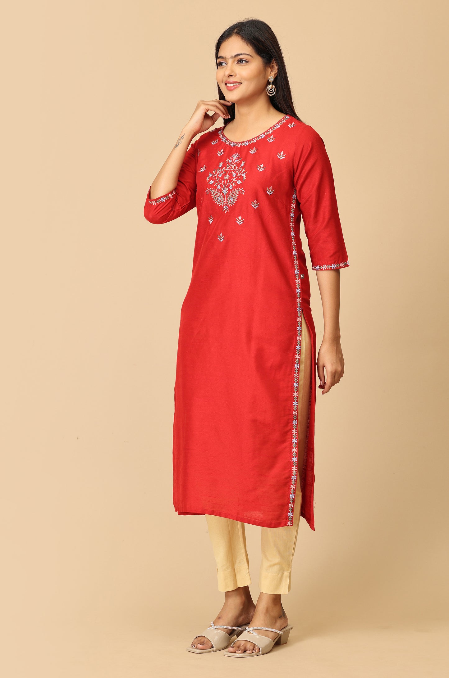 Maroon Slub Silk Embroidery Kurti