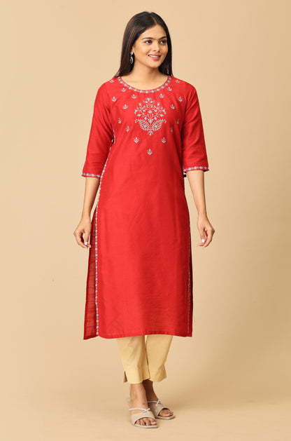 Maroon Slub Silk Embroidery Kurti