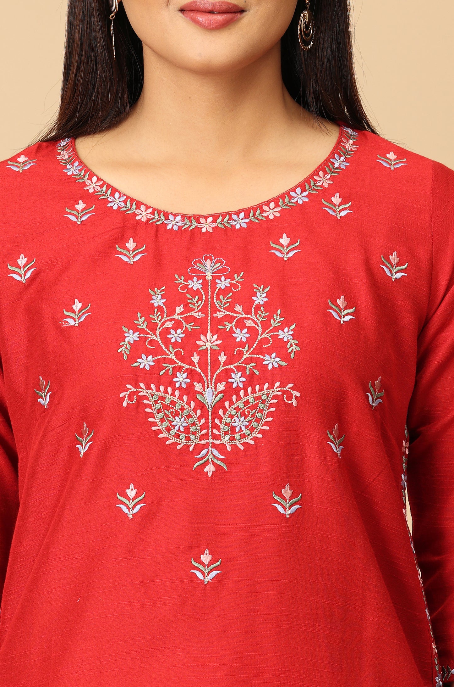 Maroon Slub Silk Embroidery Kurti