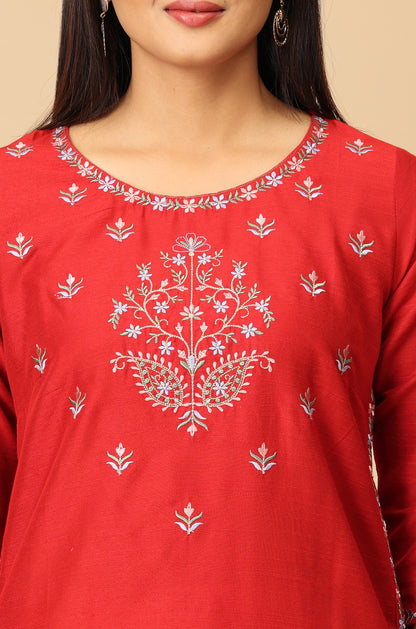 Maroon Slub Silk Embroidery Kurti