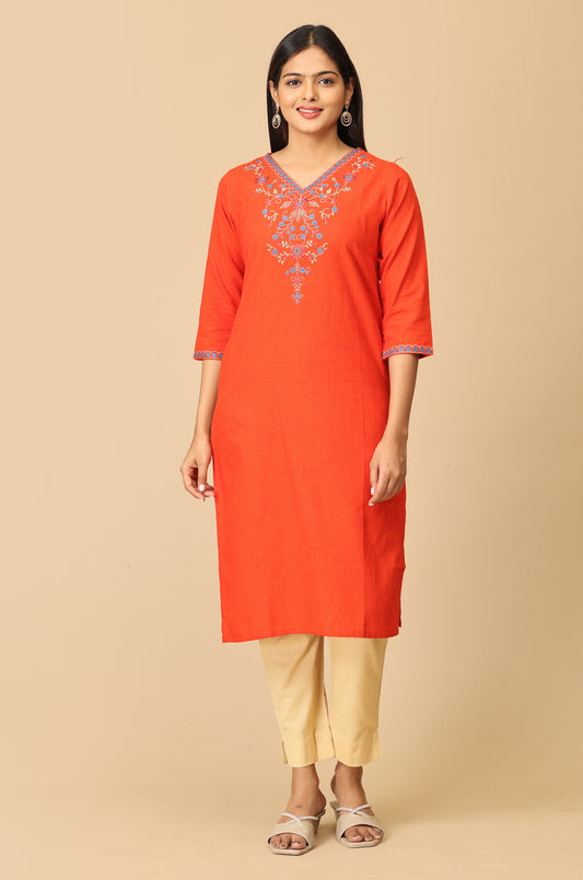 Orange Khadi Embroidery Kurti