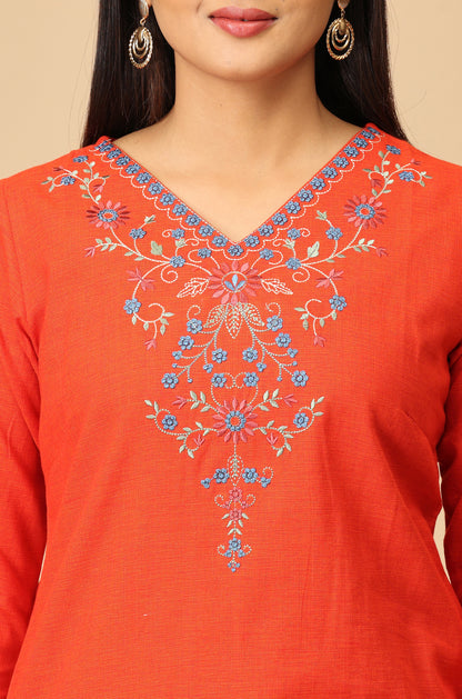 Orange Khadi Embroidery Kurti