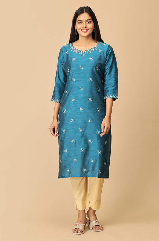 Steel Blue Slub Silk Embroidery Kurti