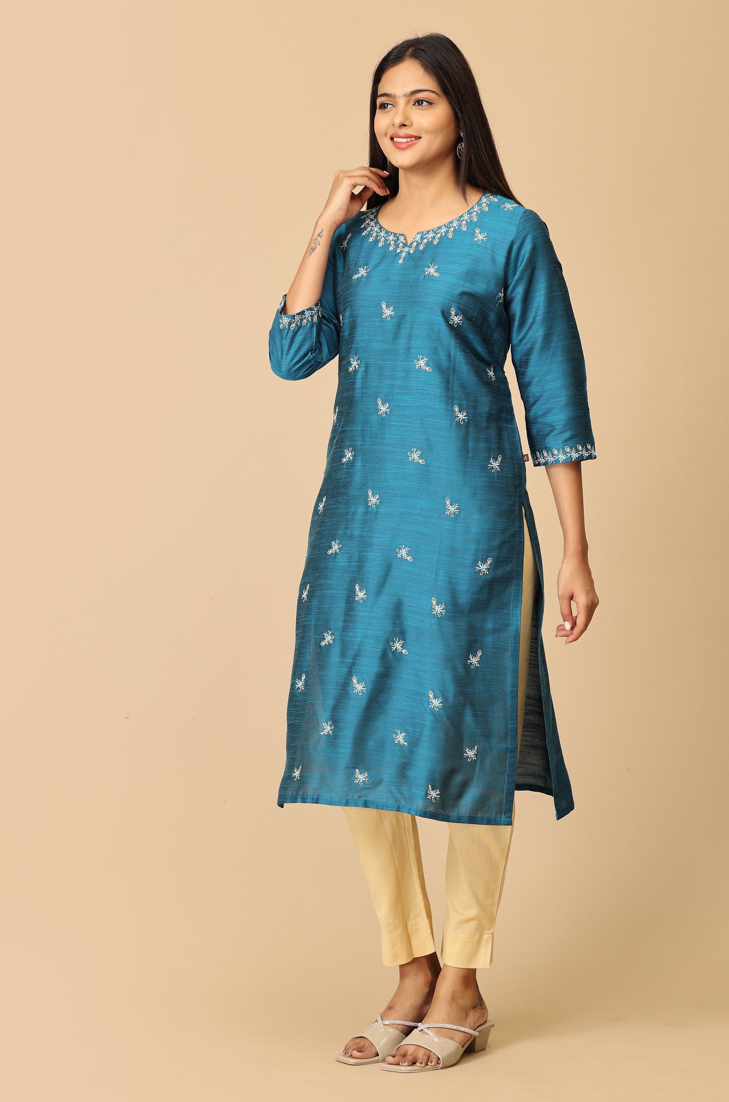 Steel Blue Slub Silk Embroidery Kurti