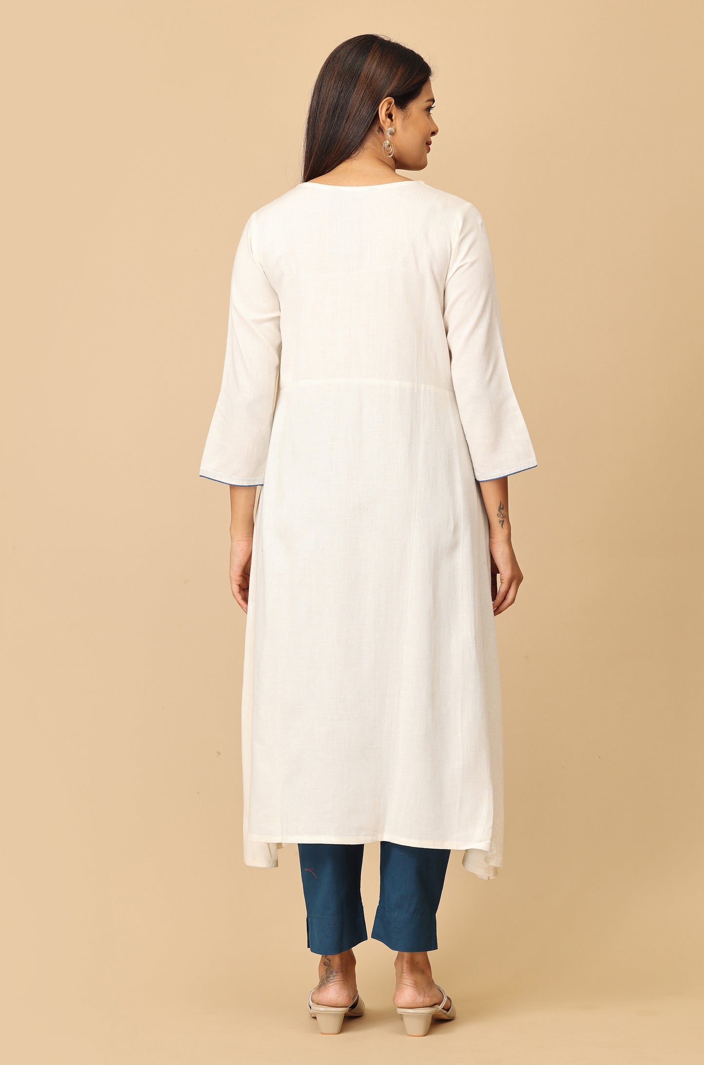 Off White Viscose A-Line Embroidery  Kurti