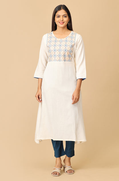 Off White Viscose A-Line Embroidery  Kurti