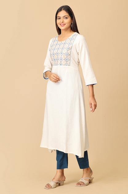 Off White Viscose A-Line Embroidery  Kurti