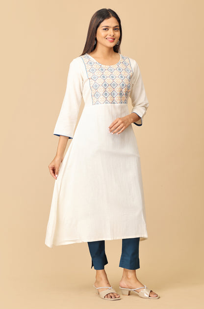 Off White Viscose A-Line Embroidery  Kurti