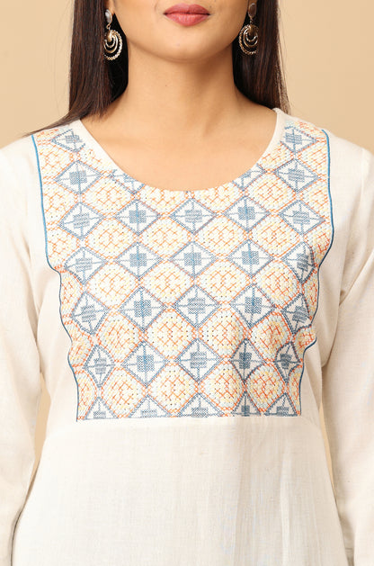 Off White Viscose A-Line Embroidery  Kurti