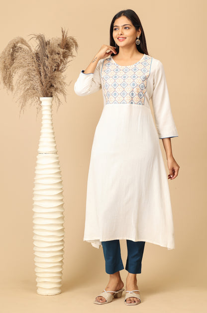 Off White Viscose A-Line Embroidery  Kurti