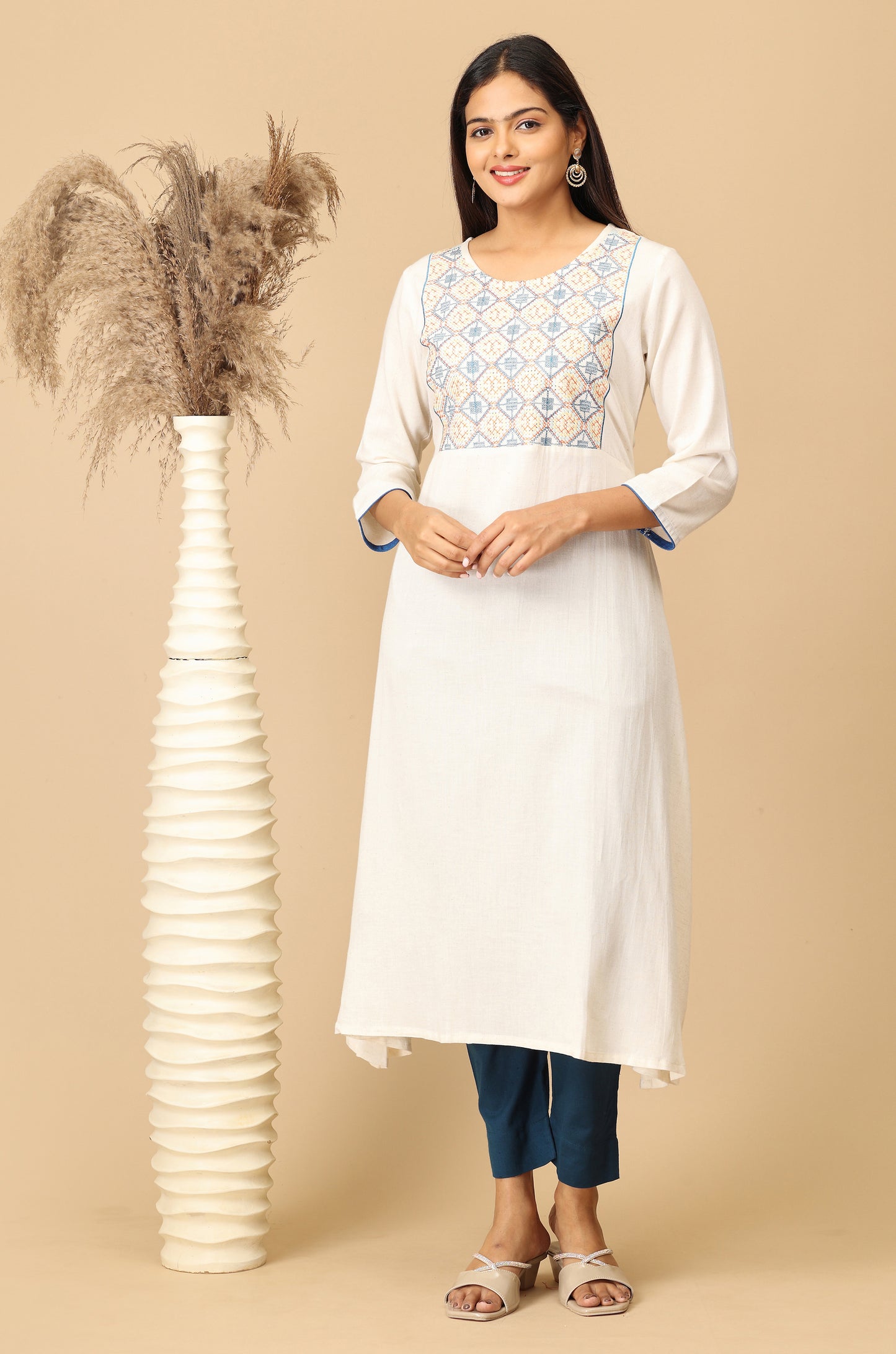 Off White Viscose A-Line Embroidery  Kurti