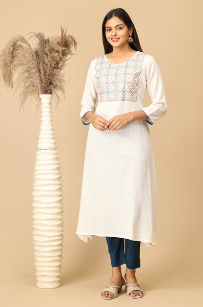 Off White Viscose A-Line Embroidery  Kurti