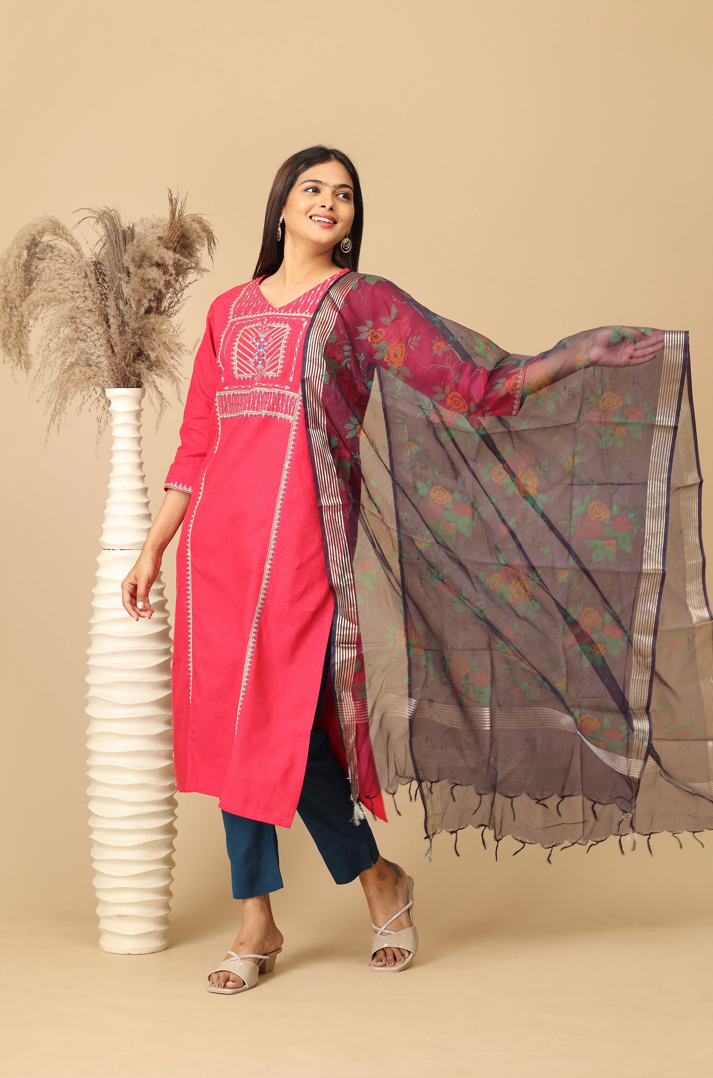 Bright Pink Khadi Embroidery Kurti